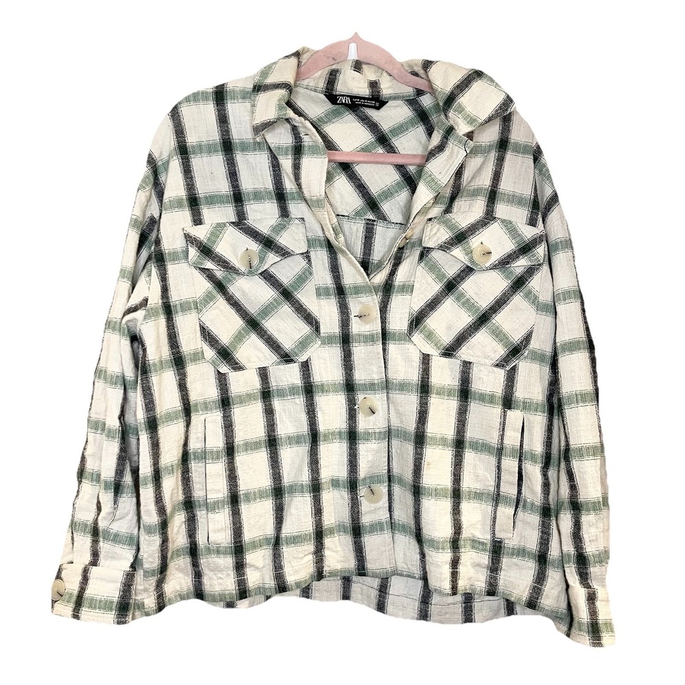 Zara Plaid Oversized Shacket Sz M Green Cabin Outdoor Fall Cotton Blend‎